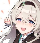 1girl :d absurdres black_hairband blue_pupils blush english_commentary firefly_(honkai:_star_rail) floating_hair gradient_eyes grey_hair hair_between_eyes hair_intakes hairband half-closed_eyes highres honkai:_star_rail honkai_(series) incoming_attack incoming_punch long_hair looking_at_viewer multicolored_eyes punching red_eyes smile solo upper_body violet_eyes wellsy white_background 