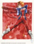  1980s_(style) 1girl alien ass bodysuit boots butt_crack cannon choujikuu_seiki_orguss curly_hair emaan energy_cannon english_text foregrip gloves grass highres jumpsuit lying mikimoto_haruhiko official_art on_stomach orange_hair orguss page_number painting_(medium) pilot_suit prehensile_hair production_art promotional_art retro_artstyle rocket_launcher scan science_fiction scope shaya_thoov shoulder_pads signature sniping spread_legs strap traditional_media uniform vhs_cover watercolor_(medium) weapon 