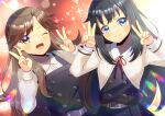  2girls ;d arashio_(kancolle) asashio_(kancolle) belt belt_buckle black_dress black_hair blue_eyes brown_eyes brown_hair buckle closed_mouth collared_shirt commentary_request commission double_v dress dress_shirt hands_up kantai_collection kou_hiyoyo long_sleeves multiple_girls neck_ribbon one_eye_closed parted_bangs pinafore_dress puffy_long_sleeves puffy_sleeves purple_belt red_ribbon ribbon shirt skeb_commission sleeveless sleeveless_dress smile v white_shirt 