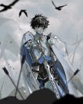  1boy armor battle battlefield bird black_hair blue_cape blue_eyes blurry cape charlemagne_(fate) corpse cowboy_shot crow cuirass depth_of_field dirty dirty_face expressionless fate/grand_order fate_(series) gauntlets hair_between_eyes holding holding_sword holding_weapon joyeuse_ordre_(fate) knight looking_at_viewer male_focus multicolored_hair pauldrons plate_armor short_hair shoulder_armor ss_un17 streaked_hair sword two-sided_cape two-sided_fabric two-tone_hair weapon white_cape white_hair 