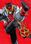  1boy @_@ armor belt black_bodysuit bodysuit dokuroman finishing_move incoming_attack kamen_rider kamen_rider_kiva kamen_rider_kiva_(series) kivat-bat_iii looking_at_viewer male_focus red_background standing standing_on_one_leg tokusatsu vampire yellow_eyes 