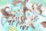  alternate_color blue_eyes blush bow chocolate coffee cookie doughnut fangs food highres looking_at_viewer no_humans open_mouth pokemon pokemon_(creature) remedy_matome ribbon shiny_pokemon sprigatito sylveon yellow_eyes 