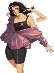  1girl absurdres bike_shorts black_hair black_tank_top blue_eyes breasts brown_hair fingernails hand_in_own_hair hand_in_pocket heart highres hood jacket jobinch long_hair looking_at_viewer medium_hair nico_robin off_shoulder one_piece original parted_lips petals pink_jacket shirt shorts simple_background solo standing tank_top white_background 