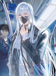  1boy arm_at_side black_coat black_mask black_ribbon black_shirt cael_anselm coat collar_tug covered_mouth cuff_links expressionless hair_between_eyes hand_up highres jacket long_bangs long_hair long_sleeves lovebrush_chronicles male_focus mask mouth_mask neck_ribbon open_clothes open_coat people ribbon shirt sideways_glance sinko123 sleeves_past_wrists solo standing train_interior turtleneck upper_body violet_eyes white_hair white_jacket 