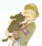  1girl ace_attorney aguan animal armor blonde_hair blush coat copyright_request dog gina_lestrade green_coat green_hat hat holding holding_animal holding_dog open_mouth puppy purple_armor shirt short_hair smile solo the_great_ace_attorney the_great_ace_attorney_2:_resolve toby_(ace_attorney) upper_body white_shirt 