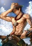  1boy abs absurdres arm_tattoo bead_necklace beads black_eyes black_hair clouds cloudy_sky commentary_request cowboy_hat dagger english_commentary hand_on_headwear haru_(chki8699) hat highres jewelry knife log_pose male_focus mixed-language_commentary necklace one_piece orange_hat outdoors portgas_d._ace short_hair sky smile solo tattoo teeth topless_male water weapon 