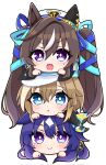  3girls :3 airi_(akamichiaika) animal_ears blue_hair blush brown_hair character_request cheval_grand_(umamusume) chibi closed_mouth dangle_earrings earrings hat highres horse_ears horse_girl jewelry long_hair looking_at_viewer mole mole_under_eye multicolored_hair multiple_girls open_mouth parted_lips short_hair simple_background single_earring smile twintails umamusume verxina_(umamusume) violet_eyes vivlos_(umamusume) white_background white_hair 