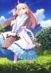  1girl absurdres ahoge apron artoria_pendragon_(fate) basket blonde_hair blue_sky chimney clouds fate_(series) grass green_eyes happy highres holding holding_basket light_blue_dress long_hair non-web_source official_art open_mouth outdoors saber_(fate) scan sky smile solo stone_wall takeuchi_takashi tree white_apron 