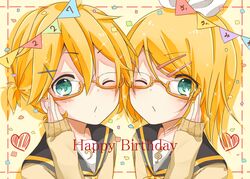  1boy 1girl banner bass_clef birthday black_sailor_collar blonde_hair blue_eyes blush commentary_request confetti english_text eyewear_on_head glasses hair_ornament hair_ribbon hairclip happy_birthday heart kagamine_len kagamine_rin long_sleeves looking_at_viewer necktie one_eye_closed ponytail ribbon sailor_collar semi-rimless_eyewear short_hair short_ponytail sweater translation_request treble_clef under-rim_eyewear vocaloid white_ribbon yasuko_ame yellow_background yellow_necktie yellow_sweater 