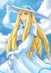  1girl big_hair blonde_hair blue_eyes closed_umbrella clouds cloudy_sky day dress drill_hair frills gloves gundam hat highres kakato kihel_heim long_hair looking_at_viewer outdoors sky smile solo turn_a_gundam umbrella victorian white_dress 