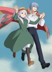  1boy 1girl argyle_clothes black_footwear black_pantyhose blue_hair blue_pants brown_footwear clouds cloudy_sky commentary cosplay crossover dress flying frieren full_body green_dress green_eyes highres himmel_(sousou_no_frieren) holding_hands howl_(howl_no_ugoku_shiro) howl_(howl_no_ugoku_shiro)_(cosplay) howl_no_ugoku_shiro jacket long_hair open_clothes open_jacket pants pantyhose parody parted_lips scene_reference shirt short_hair sky sophie_(howl_no_ugoku_shiro) sophie_(howl_no_ugoku_shiro)_(cosplay) sousou_no_frieren syaparinton twintails white_hair white_shirt 