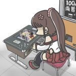  1girl arcade_cabinet black_thighhighs brown_hair change_machine coin commentary_request ferret-san flower from_behind hair_flower hair_ornament kantai_collection long_hair playing_games pleated_skirt red_skirt sitting skirt solo thigh-highs yamato_(kancolle) 