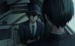  2boys baseball_cap black_hair black_hat black_jacket black_sleeves blue_necktie cellphone classroom coattails collared_jacket collared_shirt commentary_request danganronpa_(series) danganronpa_v3:_killing_harmony desk dual_persona eyelashes face-to-face from_behind hair_between_eyes hat highres holding holding_phone indoors iumi_urura jacket layered_sleeves long_sleeves looking_at_another male_focus multiple_boys necktie on_chair parted_lips phone pinstripe_jacket pinstripe_pattern saihara_shuichi school_desk school_uniform shadow shirt short_hair sitting smartphone upper_body white_shirt window yellow_eyes 