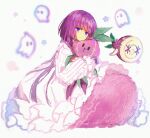  1girl closed_mouth dress food frilled_dress frills ghost hakusai_(tiahszld) highres holding long_hair long_sleeves looking_at_viewer original purple_hair simple_background solo stuffed_toy tearing_up violet_eyes white_background white_dress 