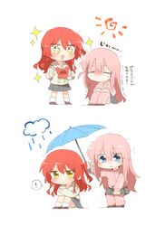  ! +_+ 2girls :d blue_umbrella bocchi_the_rock! brown_footwear chibi closed_eyes flying_sweatdrops gotoh_hitori grey_skirt hair_between_eyes highres holding holding_umbrella jacket kita_ikuyo knees_up long_hair multiple_girls one_side_up pants pants_under_skirt pink_hair pink_jacket pink_pants pleated_skirt rebecca_(keinelove) redhead shoes simple_background sitting skirt smile socks spoken_exclamation_mark standing sun_symbol track_jacket track_pants track_suit trembling turn_pale umbrella very_long_hair white_background white_socks yellow_eyes 