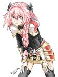  1boy armor astolfo_(fate) black_bow black_shirt black_thighhighs bow braid dated fate/apocrypha fate_(series) fon-due_(fonfon) garter_straps gloves hair_between_eyes hair_bow hands_on_own_knees leaning_forward long_hair male_focus multicolored_hair otoko_no_ko pink_eyes pink_hair shirt signature single_braid solo streaked_hair thigh-highs white_background white_gloves 