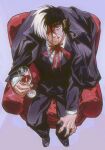  1boy alcohol black_coat black_footwear black_hair black_jack_(character) black_jack_(series) black_pants black_suit bow bowtie coat collared_shirt couch cup drinking_glass highres hjy031106 holding holding_cup male_focus multicolored_hair on_couch pants red_bow red_bowtie red_couch red_eyes red_wine shirt simple_background sitting smile stitched_face stitches suit two-tone_hair white_shirt wine wine_glass 