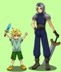  2boys aged_down armor arms_up belt blonde_hair blue_eyes blue_pants blue_shirt blue_sweater blush_stickers boots brown_footwear brown_gloves cloud_strife commentary_request final_fantasy final_fantasy_vii full_body gloves green_background green_eyes green_pants grey_hair hand_on_own_hip holding holding_sword holding_weapon leather_belt long_hair looking_at_another looking_down low_ponytail male_focus multiple_belts multiple_boys pants parted_bangs pauldrons planted planted_sword popochan-f sephiroth serious shirt shoulder_armor simple_background sleeveless sleeveless_sweater sleeveless_turtleneck smile socks spiky_hair suspenders sweater sword t-shirt toy_sword turtleneck turtleneck_sweater weapon white_socks yellow_footwear 