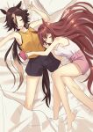  2girls absurdres animal_ears bed black_shorts breasts brown_hair cellphone closed_eyes collarbone daiwa_scarlet_(umamusume) drooling full_body hair_between_eyes hair_down hair_intakes hair_over_one_eye hand_on_another&#039;s_waist highres horse_ears horse_girl horse_tail l325j leg_between_thighs long_hair lying medium_breasts multicolored_hair multiple_girls on_back on_bed on_side phone pillow pink_shorts ponytail shorts sleeping smartphone tail tank_top umamusume very_long_hair vodka_(umamusume) white_tank_top yellow_tank_top yuri 