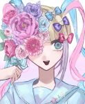  1girl blonde_hair blue_bow blue_eyes blue_flower blue_hair blue_shirt bouquet bow chouzetsusaikawa_tenshi-chan flower hair_bow hand_up heart highres holding holding_bouquet long_hair looking_at_viewer multicolored_hair needy_girl_overdose open_mouth pink_bow pink_flower pink_hair portrait purple_bow purple_flower purple_hair quad_tails sailor_collar sanmanako shirt smile solo 