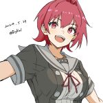  1girl absurdres bigkwl black_jacket breasts dated grey_sailor_collar hair_intakes highres jacket kantai_collection kinu_(kancolle) kinu_kai_ni_(kancolle) medium_breasts one-hour_drawing_challenge open_mouth red_eyes redhead sailor_collar school_uniform serafuku short_hair short_sleeves simple_background smile solo teeth twitter_username upper_body upper_teeth_only white_background 