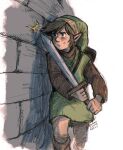  1boy absurdres blush brown_footwear brown_hair dated green_hat green_tunic hat highres holding holding_sword holding_weapon link male_focus parted_lips pointy_ears signature solo stone_wall sword the_legend_of_zelda the_legend_of_zelda_(nes) weapon white_background yasmeen 