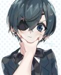  1boy 1other absurdres artist_name bishounen black_ribbon blue_background blue_eyes blue_jacket ciel_phantomhive closed_mouth commentary_request earrings eyepatch grabbing hair_between_eyes highres jacket jewelry kuroshitsuji looking_at_viewer meme polka_dot polka_dot_background pout pov pov_cheek_grabbing_(meme) pov_hands ribbon short_hair signature small_sweatdrop solo_focus sweat wormy_owo 