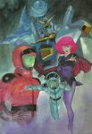  1980s_(style) 1girl 2005 2boys asteroid axis_(gundam) bodysuit dated english_commentary gloves gundam gundam_mk_ii haman_karn helmet highres kamille_bidan looking_at_viewer mecha mobile_suit multiple_boys neo_zeon quattro_bajeena reaching reaching_towards_viewer retro_artstyle robot scan signature space spacesuit traditional_media uniform v-fin yasuhiko_yoshikazu zero_gravity zeta_gundam 