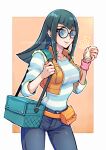  1girl artist_name bag belt belt_pouch black_hair blue_eyes blue_pants breasts brown_background brown_belt brown_vest carly_nagisa cellphone collarbone cowboy_shot denim fanny_pack flip_phone fur-trimmed_vest fur_trim glasses handbag holding holding_phone izapara jeans large_breasts long_hair pants phone pink_wristband pouch round_eyewear shirt smile solo striped_clothes striped_shirt twitter_username two-tone_background vest white_background yu-gi-oh! yu-gi-oh!_5d&#039;s 