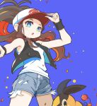  :o aqua_eyes baseball_cap bracelet breasts brown_hair cowboy_shot denim denim_shorts hat highres hilda_(pokemon) jewelry looking_at_viewer multicolored_hair pokemon pokemon_(creature) purple_background quinoko shirt shorts small_breasts tank_top tepig two-tone_hair vest white_shirt 