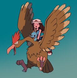  1girl bird black_wristband brown_hair closed_eyes fearow feathers flying hat highres holding holding_pokemon leaf_(pokemon) long_hair open_mouth pokemon pokemon_(creature) pokemon_frlg pokemon_rgby porkpie_hat shirt skirt sky sleeveless smile squirtle turtle tyako_089 wings wristband yellow_bag 