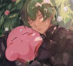  1boy arm_around_waist armor black_armor blush byleth_(fire_emblem) byleth_(male)_(fire_emblem) cheek-to-cheek closed_eyes colored_skin crossover feenadori fire_emblem fire_emblem:_three_houses flower green_hair heads_together high_collar highres holding kirby kirby_(series) lying male_focus on_grass on_side open_mouth parted_lips pink_flower pink_skin sleeping super_smash_bros. translation_request white_flower 