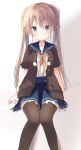  1girl ao_no_kanata_no_four_rhythm arisaka_mashiro arms_at_sides black_thighhighs blue_sailor_collar blue_skirt blush brown_hair brown_jacket commentary eyes_visible_through_hair frilled_skirt frills hair_between_eyes high-waist_skirt highres jacket knees_together_feet_apart long_hair looking_at_viewer neckerchief open_clothes open_jacket parted_lips pleated_skirt pom_pom_(clothes) sailor_collar school_uniform shirt short_sleeves sidelighting sidelocks simple_background sitting skirt solo straight_hair takepoison thigh-highs twintails very_long_hair violet_eyes white_background white_shirt yellow_neckerchief 