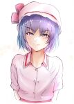  1girl absurdres blush bow closed_mouth collared_shirt cookie_(touhou) flat_chest hat hat_bow highres hisaka_(cookie) kuroibarabara looking_at_viewer mob_cap pink_shirt purple_hair remilia_scarlet shirt short_hair short_sleeves simple_background solo touhou upper_body violet_eyes white_background 