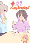  2girls ;) absurdres ahoge black_hair blue_hair blush brown_eyes cake chair clothes_writing clothing_cutout commentary cut-in dated food fork fruit grey_hair hair_ornament hair_ribbon hairclip happy_birthday happyundergate highres hozuki_kaede long_hair long_sleeves multicolored_hair multiple_girls nose_blush one_eye_closed onii-chan_wa_oshimai! oyama_mahiro oyama_mihari pink_hair pink_shirt plate purple_hair red_ribbon ribbon rubbing_eyes shirt shoulder_cutout siblings side_ponytail simple_background sisters smile strawberry table tears translated two-tone_hair white_background 