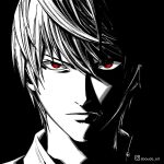  1boy aboude_art arabic_commentary artist_name closed_mouth death_note english_commentary instagram_logo instagram_username limited_palette looking_at_viewer male_focus mixed-language_commentary red_eyes short_hair signature solo spot_color yagami_light 