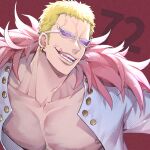  1boy blonde_hair coat dated_commentary donquixote_doflamingo earrings fur-trimmed_coat fur_trim jewelry looking_at_viewer male_focus numbered one_piece open_clothes open_shirt purple-tinted_eyewear red_background simple_background solo sunglasses tinted_eyewear tongue tongue_out upper_body veins yoshicha 