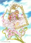  1girl blue_sky bouquet brown_hair cardcaptor_sakura clamp_(circle) clouds crown dress flower full_body green_eyes holding holding_bouquet kinomoto_sakura long_sleeves official_art open_mouth pink_dress short_hair sky smile solo stalk 