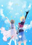  1boy 1girl arm_up blonde_hair blue_shorts brown_hair clouds cloudy_sky dress flower hair_bobbles hair_ornament highres holding_hands inomata_mutsumi_(person) kyle_dunamis petals reala_(tales) ribbon short_hair shorts sky tales_of_(series) tales_of_destiny_2 thigh-highs white_dress youki 