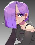  1girl black_shirt blue_eyes duolingo gradient_background grey_background hair_behind_ear hair_over_one_eye knuxy lily_(duolingo) purple_hair shirt solo upper_body 