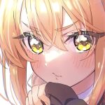  1girl blonde_hair blush brown_cardigan cardigan close-up closed_mouth hair_between_eyes highres inda_karane kimi_no_koto_ga_dai_dai_dai_dai_daisuki_na_100-nin_no_kanojo kwi lips long_eyelashes long_hair long_sleeves looking_at_viewer portrait solo yellow_eyes 