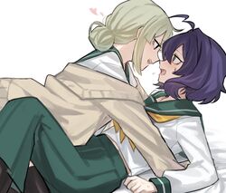  2girls :d ahoge all_fours aoki_shizumi araga_kiwi blue_hair blush cardigan commentary_request eye_contact fang feet_out_of_frame flying_sweatdrops girl_on_top green_hair green_sailor_collar green_skirt hair_bun heart highres hiiragi_utena long_skirt looking_at_another lying mahou_shoujo_ni_akogarete multiple_girls neckerchief off_shoulder on_back open_cardigan open_clothes open_mouth sailor_collar school_uniform serafuku shirt short_hair skirt small_sweatdrop smile teeth upper_teeth_only white_shirt yellow_neckerchief yuri 