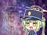  1girl :d blue_archive blue_hat blue_jacket buttons chibi chibi_only commentary double-breasted empty_eyes fang green_hair green_halo halo hashtag-only_commentary hat jacket long_hair long_sleeves nako775 nozomi_(blue_archive) open_mouth outline peaked_cap pointy_ears sidelocks skin_fang smile solo space spiked_halo split_mouth twintails upper_body white_outline yellow_eyes zoom_layer 