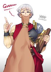  1girl anger_vein armlet armor belt belt_pouch black_shirt book bowl_cut bracer chain closed_mouth commentary emperor_of_mankind english_text facial_tattoo genderswap genderswap_(mtf) glowing_tattoo grey_hair hands_on_another&#039;s_cheeks hands_on_another&#039;s_face highres holding holding_book index_finger_raised lorgar_aurelian meme pouch pov_cheek_grabbing_(meme) primarch red_robe robe ryuusei_(mark_ii) shirt short_eyebrows short_hair shoulder_armor signature solo sweatdrop tattoo warhammer_40k white_background word_bearers 