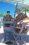  2boys abs ao_isami beach black_hair blonde_hair blurry cocktail_glass cup day depth_of_field drinking_glass facial_hair hawaiian_shirt highres jup84973 lewis_smith looking_at_viewer male_focus multiple_boys official_alternate_costume official_style on_chair pants sand shirt sideburns_stubble sitting stubble sunlight thick_eyebrows thumbs_up toned toned_male yuuki_bakuhatsu_bang_bravern 