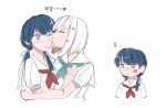  2girls aqua_neckerchief blue_eyes blue_hair blue_ribbon blush bob_cut cheongseo closed_eyes colored_inner_hair commentary cropped_torso dark_blue_hair diagonal_bangs dress hair_ornament hair_ribbon hasu_no_sora_school_uniform highres inverted_bob jitome kiss kissing_cheek korean_text light_frown link!_like!_love_live! lipstick_mark lipstick_mark_on_face long_hair love_live! low_twintails mole mole_on_neck multicolored_hair multiple_girls multiple_views murano_sayaka neckerchief nose_blush red_neckerchief redhead ribbon sailor_collar sailor_dress school_uniform short_hair short_sleeves simple_background star_(symbol) star_hair_ornament streaked_hair summer_uniform symbol-only_commentary translation_request twintails virtual_youtuber white_background white_dress white_hair white_sailor_collar yugiri_tsuzuri yuri 