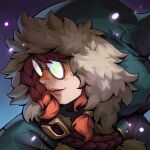  1girl aurora_(league_of_legends) closed_mouth coat english_commentary freckles fur-trimmed_coat fur_trim glasses green_hoodie hair_between_eyes hood hoodie league_of_legends official_art orange_hair portrait round_eyewear second-party_source sidelocks simple_background smile solo 