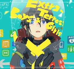  1boy black_hair blue_background blue_eyes chikyuugai_shounen_shoujo clothes_writing copyright_name english_text frown helmet highres magotsuki_(hurray) male_focus open_mouth sagami_touya solo spacesuit tape 