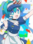  1girl apron arm_up blue_dress blue_eyes blue_hair buttons confetti cowboy_shot double-breasted dress hatsune_miku highres long_hair looking_at_viewer mesmerizer_(vocaloid) name_tag puffy_short_sleeves puffy_sleeves short_sleeves solo sparkling_eyes twintails very_long_hair visor_cap vocaloid white_apron 