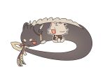  animalization arknights chong_yue_(arknights) closed_mouth commentary_request creature dragon dragon_bubble_(arknights) highres mamara_tang one_eye_closed red_eyes ribbon simple_background tail tail_ornament tail_ribbon white_background 